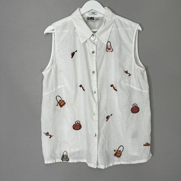 2 Friends Tops - Vintage 2 Friends Shirt Womens 2X White Irish Linen Purse Shoe Heels Artsy Y2K